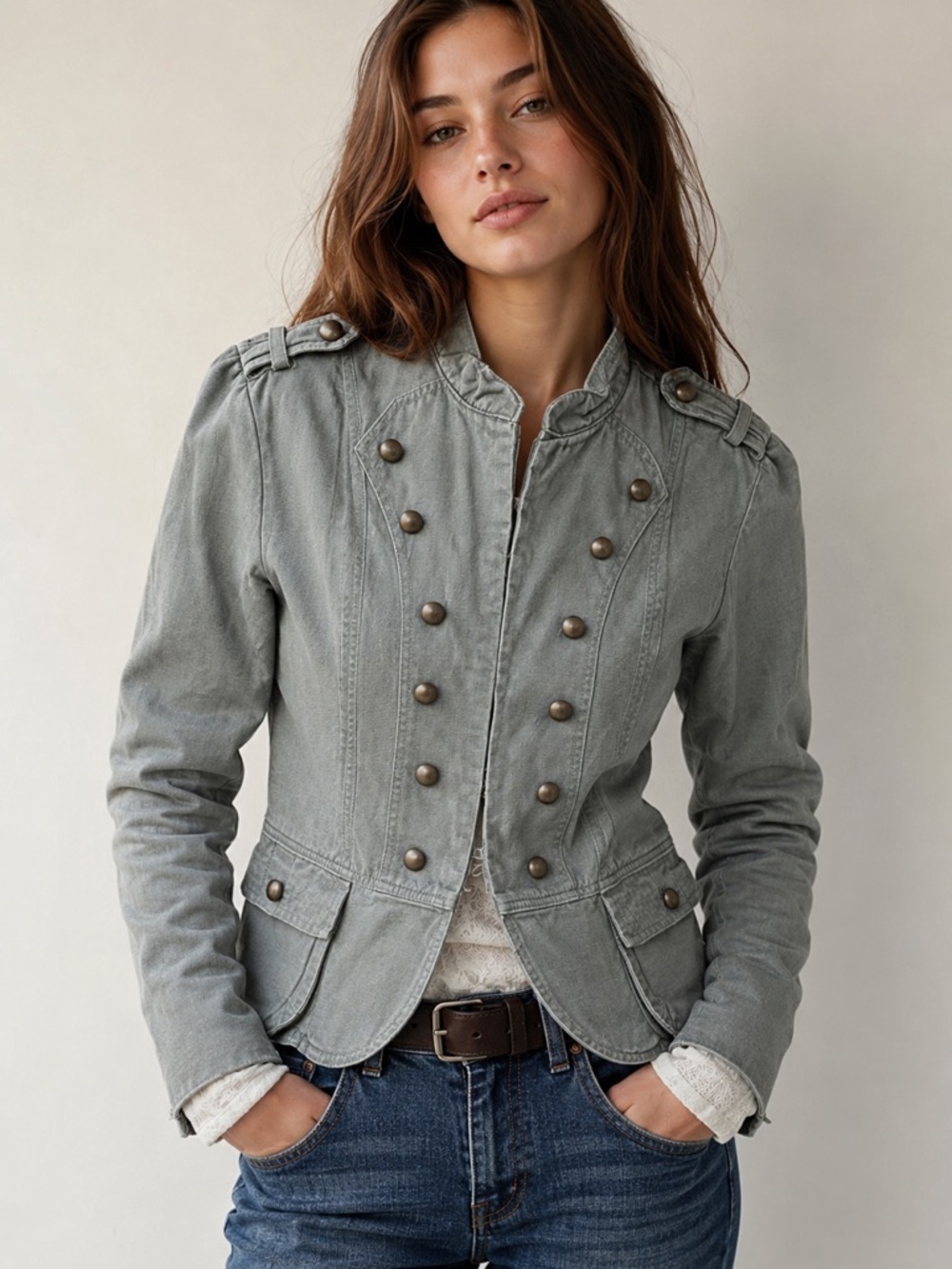 Request Olive Green Military Style Jacket Large Button Front Utility Blazer